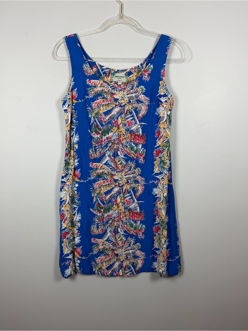 Kamehameha Womens Vintage Mini Dress Shift Blue Tropical Tree Hawaii Small